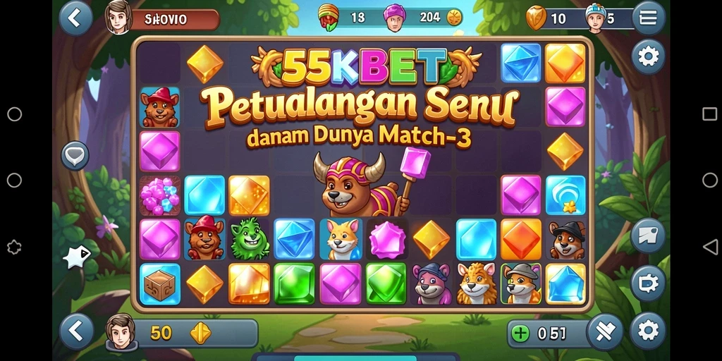 Screenshot utama 55KBET menampilkan aksi seru dalam gameplay Match-3.